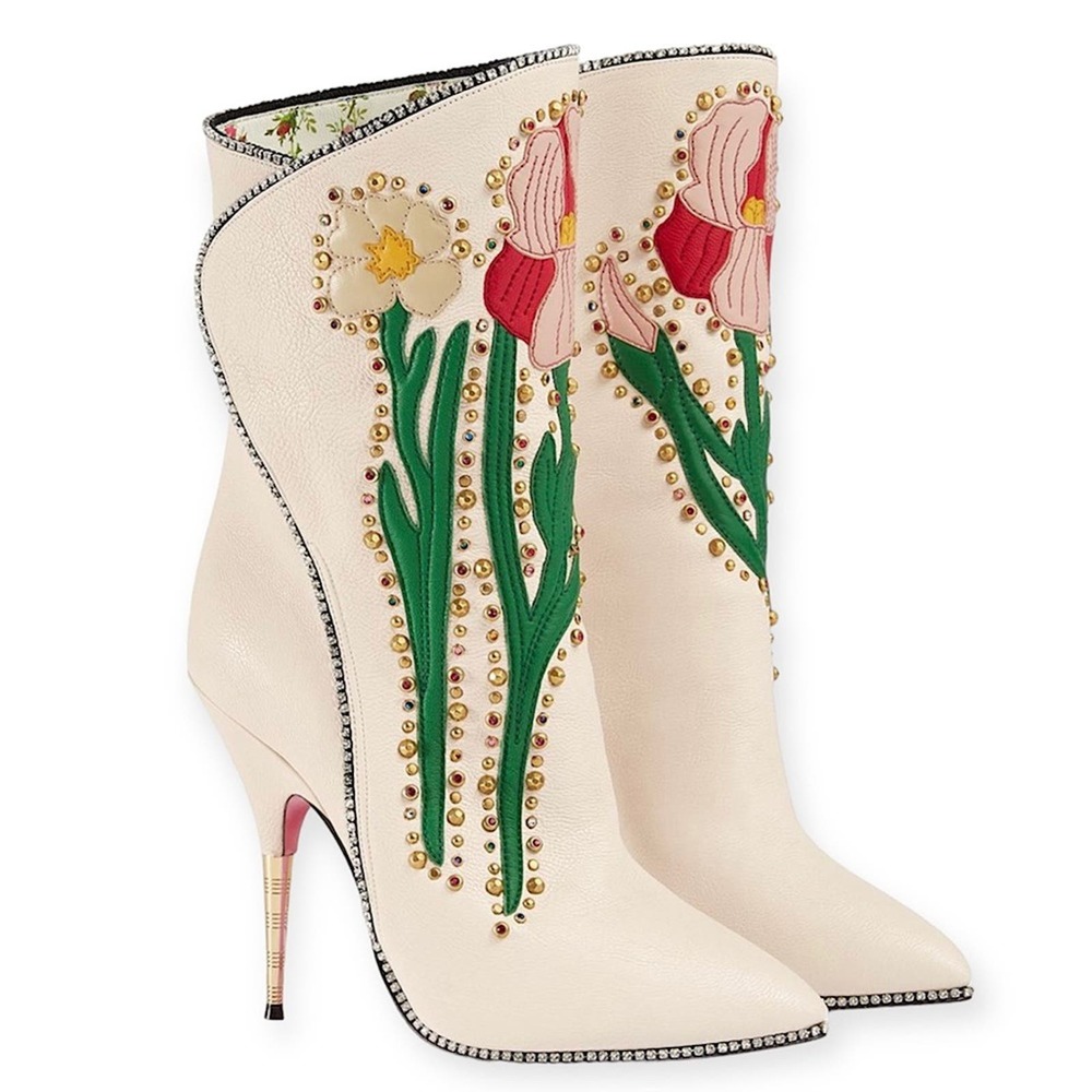 Gucci Flowers Intarsia Leather Boots Patchwork Limited Edition Cream Mules 37.5